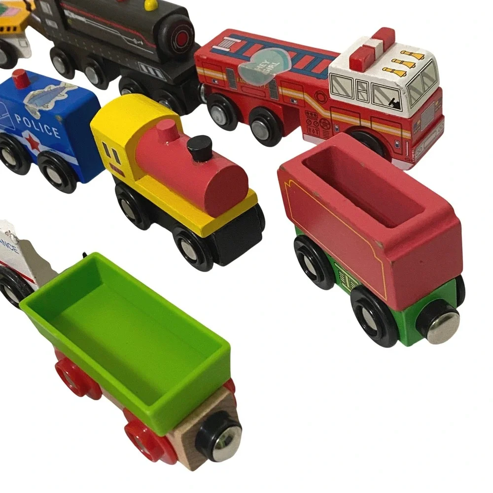 Wood Magnetic Wheels Mixed Lot Train Cars Trucks Vehicles 15 Piece Set Playtime